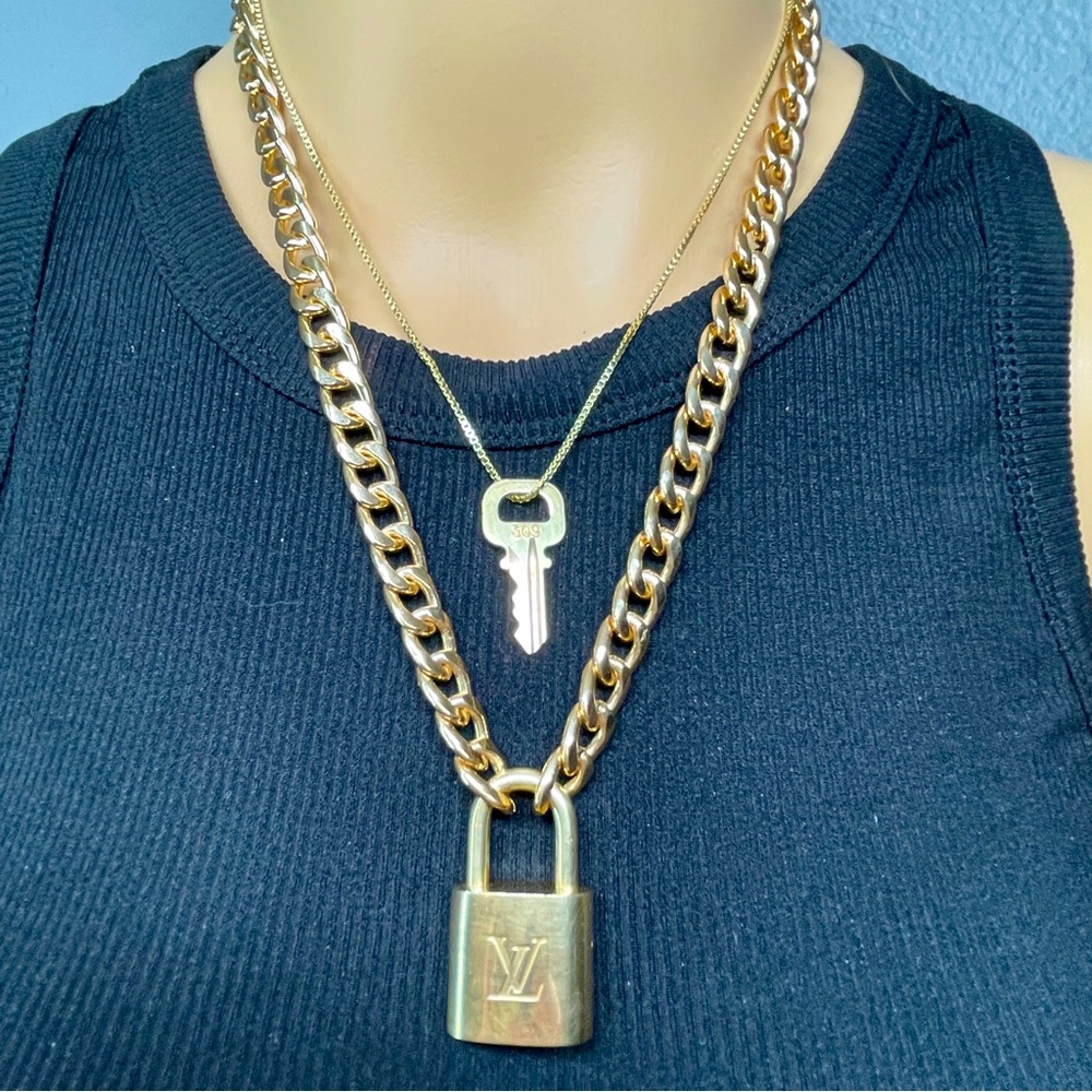 Authentic Louis Vuitton Brass lock and key upcycled on gold plated necklace